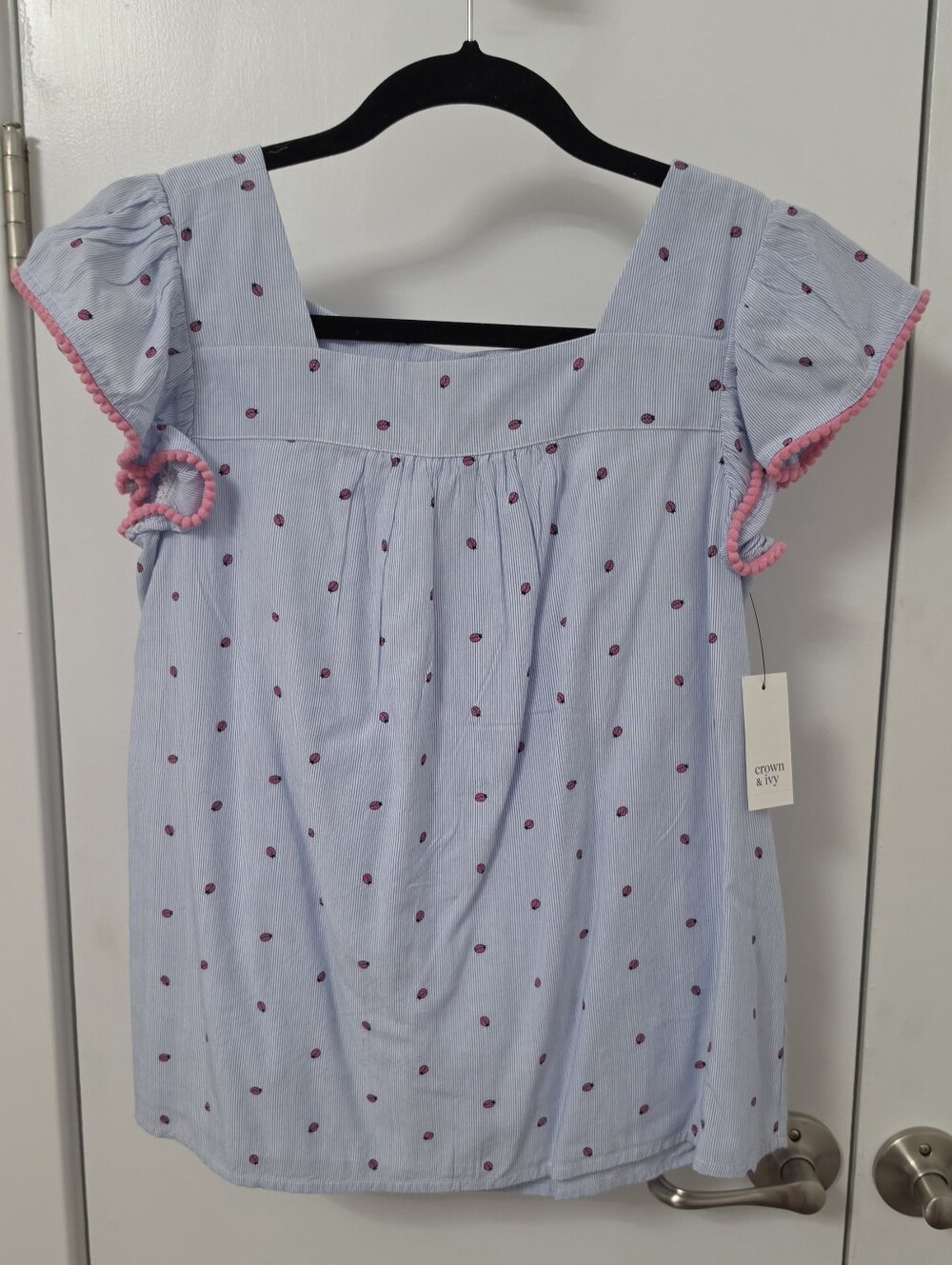 Crown & Ivy NWT Girls XL Seersucker Ladybug Ruffle Top